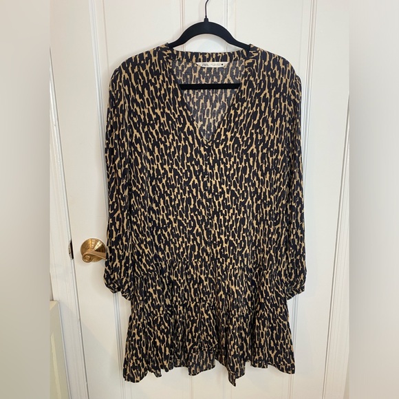 Zara The Claris Dress Leopard Print Black Tan - Women’s Babydoll Ruffle Large - Picture 3 of 11
